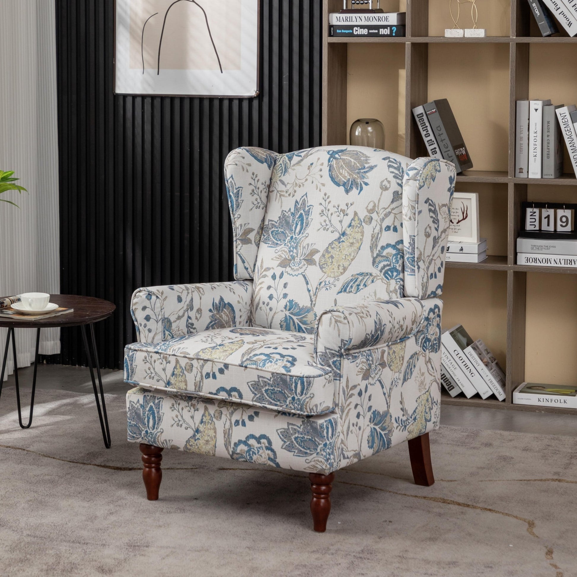 Modern Accent Chair with Wood Legs,Retro Upholstered Armchair Single Sofa Chair Reading Accent Chair for Living Room Bedroom Office,Floral Blue