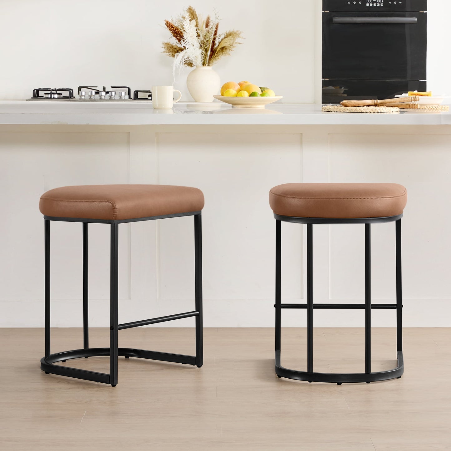 Spruce & Spring Modern Counter Bar Stool with Curved Upholstered Seat and Metal Legs for Kitchen Island or Bar Set of 2, Brown with Metal Legs