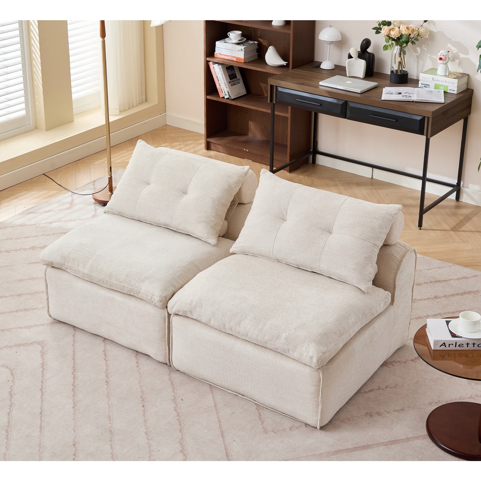 Modern Loveseat Sofa,Modular Sofa Couch,Corduroy 2-Seater Cloud Couch,Reading Lounge Sofa Chair for Small Spaces,Living Room,No Armrests,At will DIY,Orange