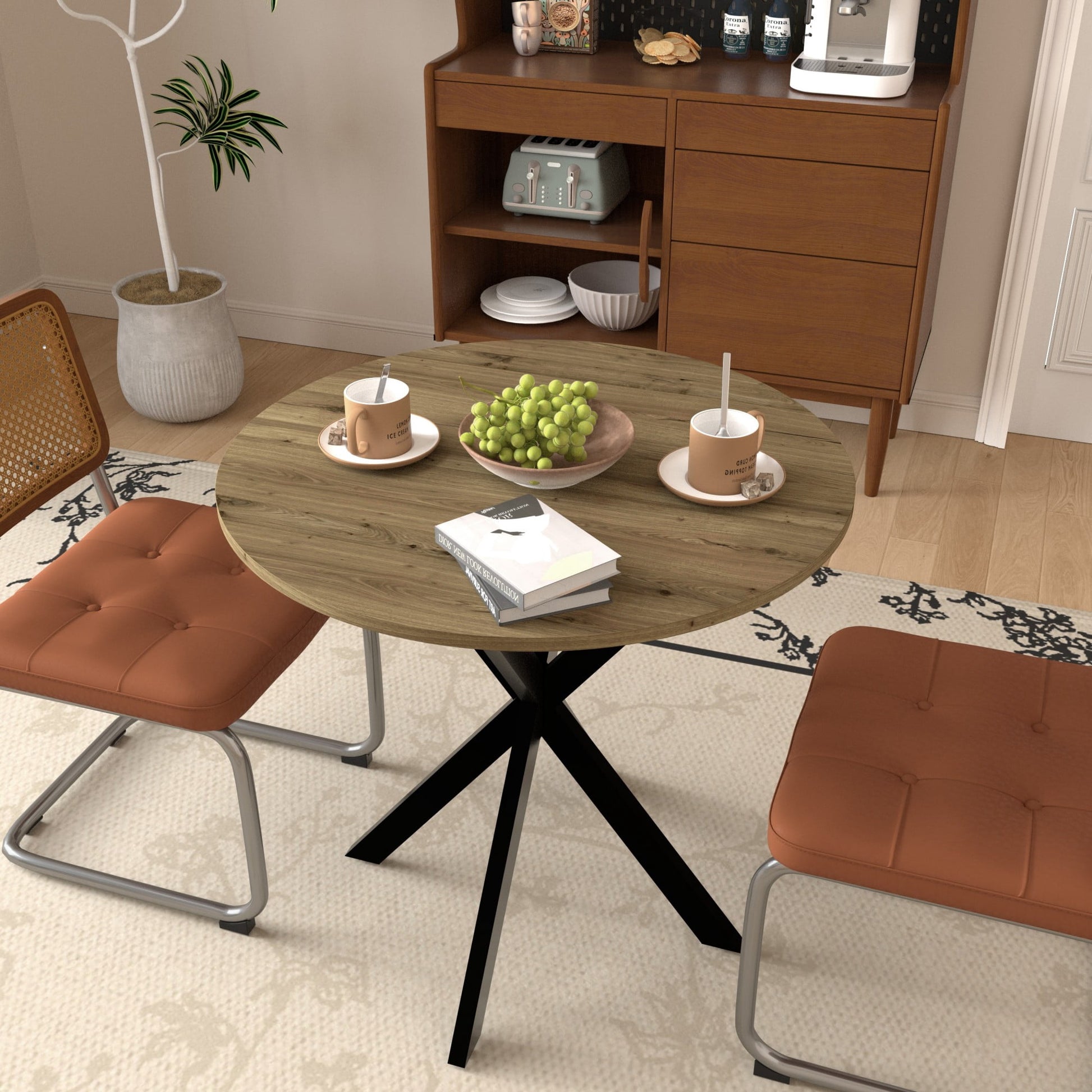 Modern Round Dining Table,31.5" Small Circle Kitchen Table with Metal Black Legs for 2-4 people,Brown