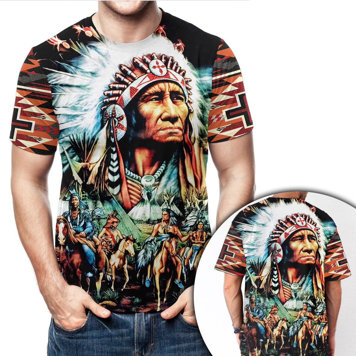 Native American Indian Chief Warrior With Tribal Horsemen 3D All Over Print T-Shirt