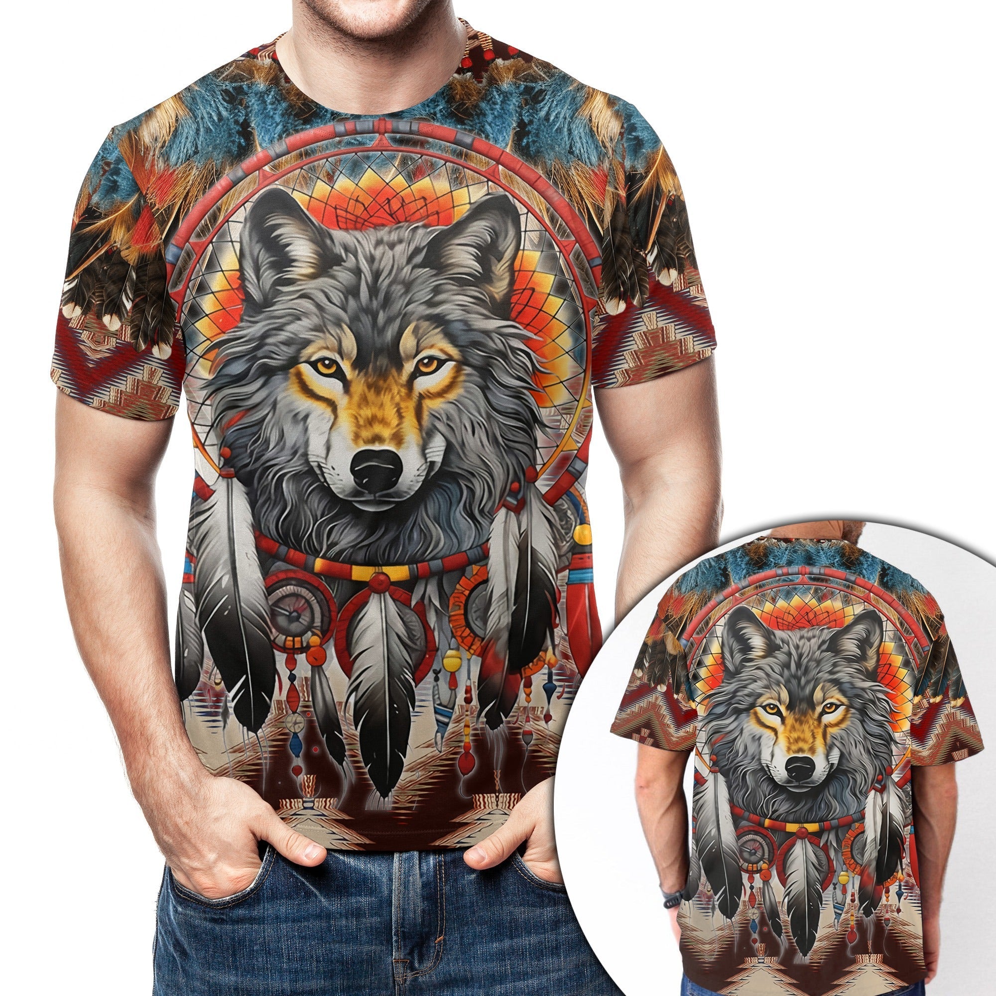 Native American Tribal Wolf With Dreamcatcher Headdress 3D All Over Print T-Shirt