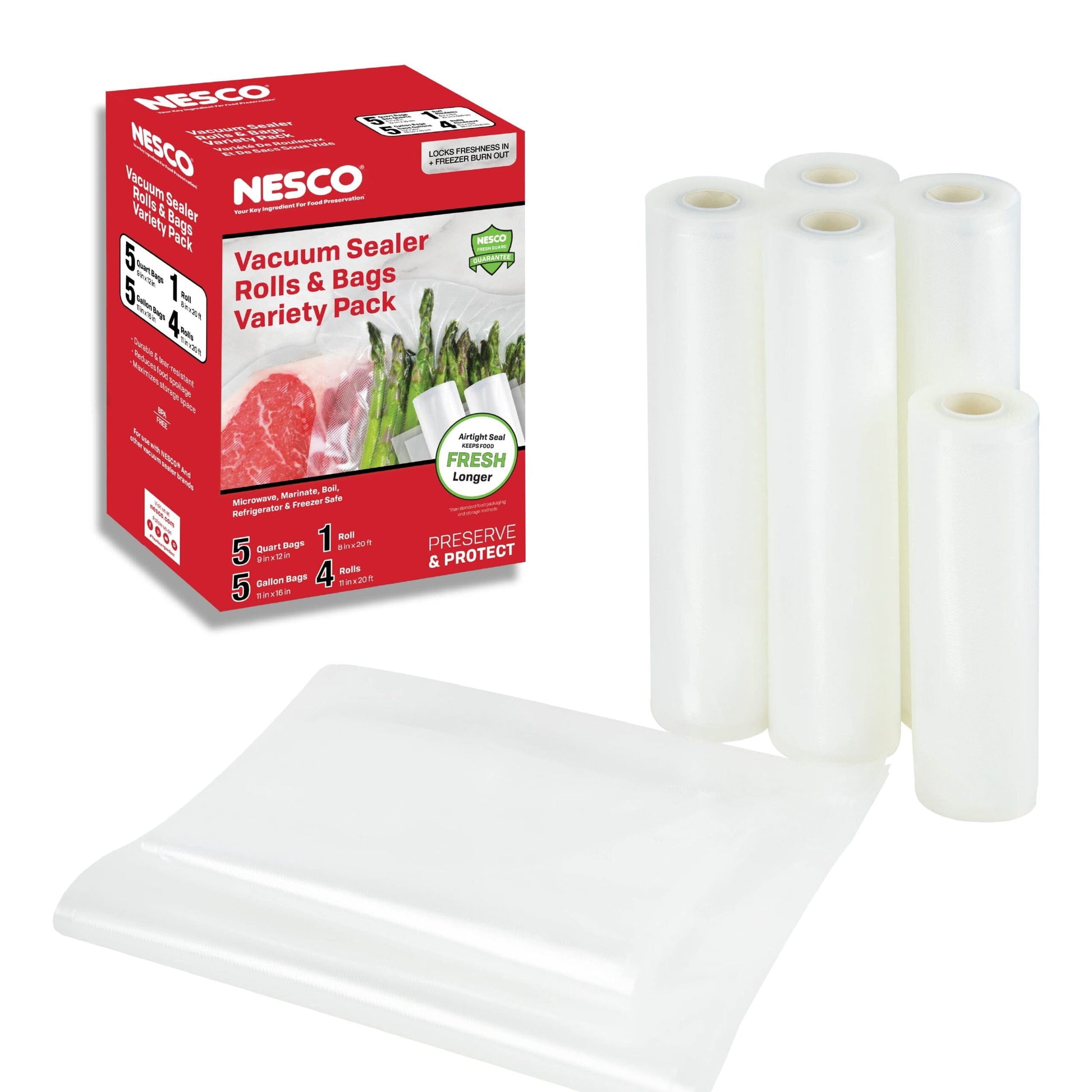 NESCOÂ® Vacuum Seal Bag and Roll Variety Pack, 5 Pre-Cut Quart, 5 Pre-Cut Gallon, and 1 Roll
