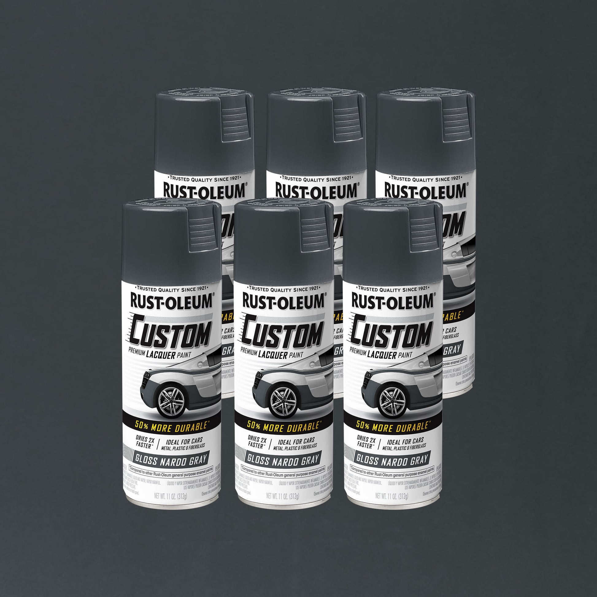 6 Pack, Nardo Gray, Rust-Oleum Automotive Custom Lacquer Gloss Spray Paint-363515, 11 oz