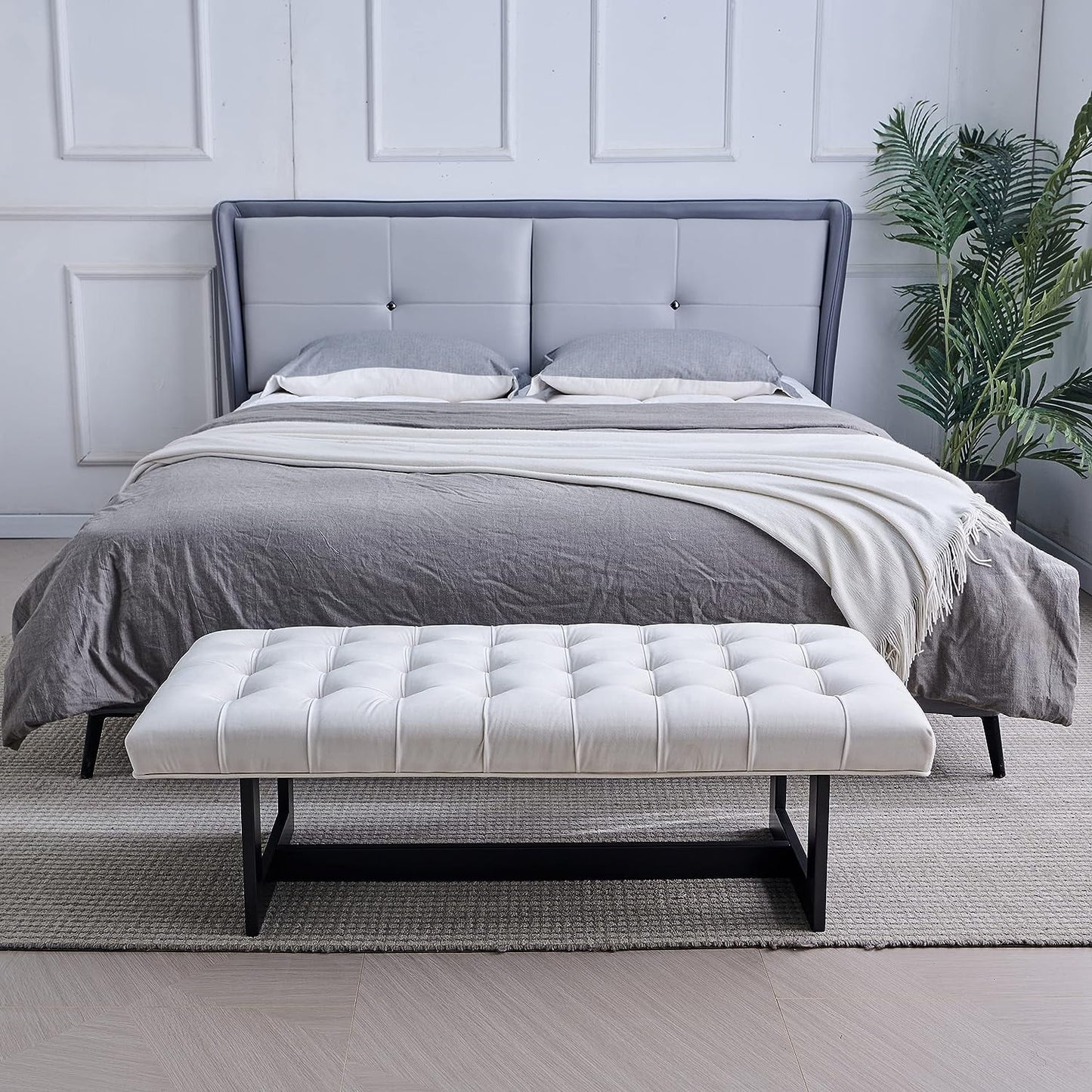 Nathaniel Home 48'' Button-Tufted Kids Ottoman, Upholstered Bedroom Benches, Vegan Leather Footrest Stool Accent Bench, for Living Room End of Bed White