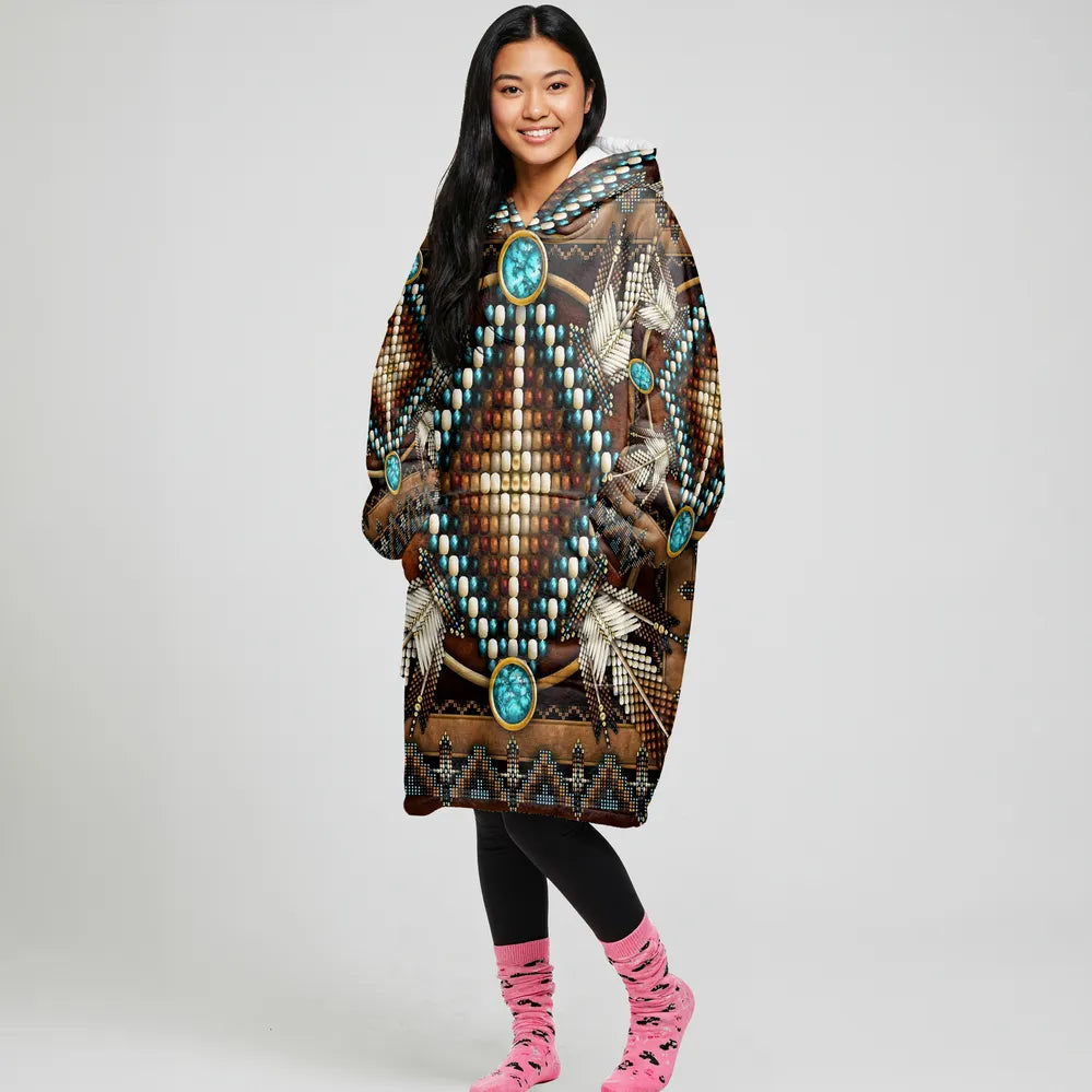 Native American Beadwork Hooded Blanket, Turquoise & Feather Desig