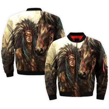 Native Girl With Horse Bomber Jacket