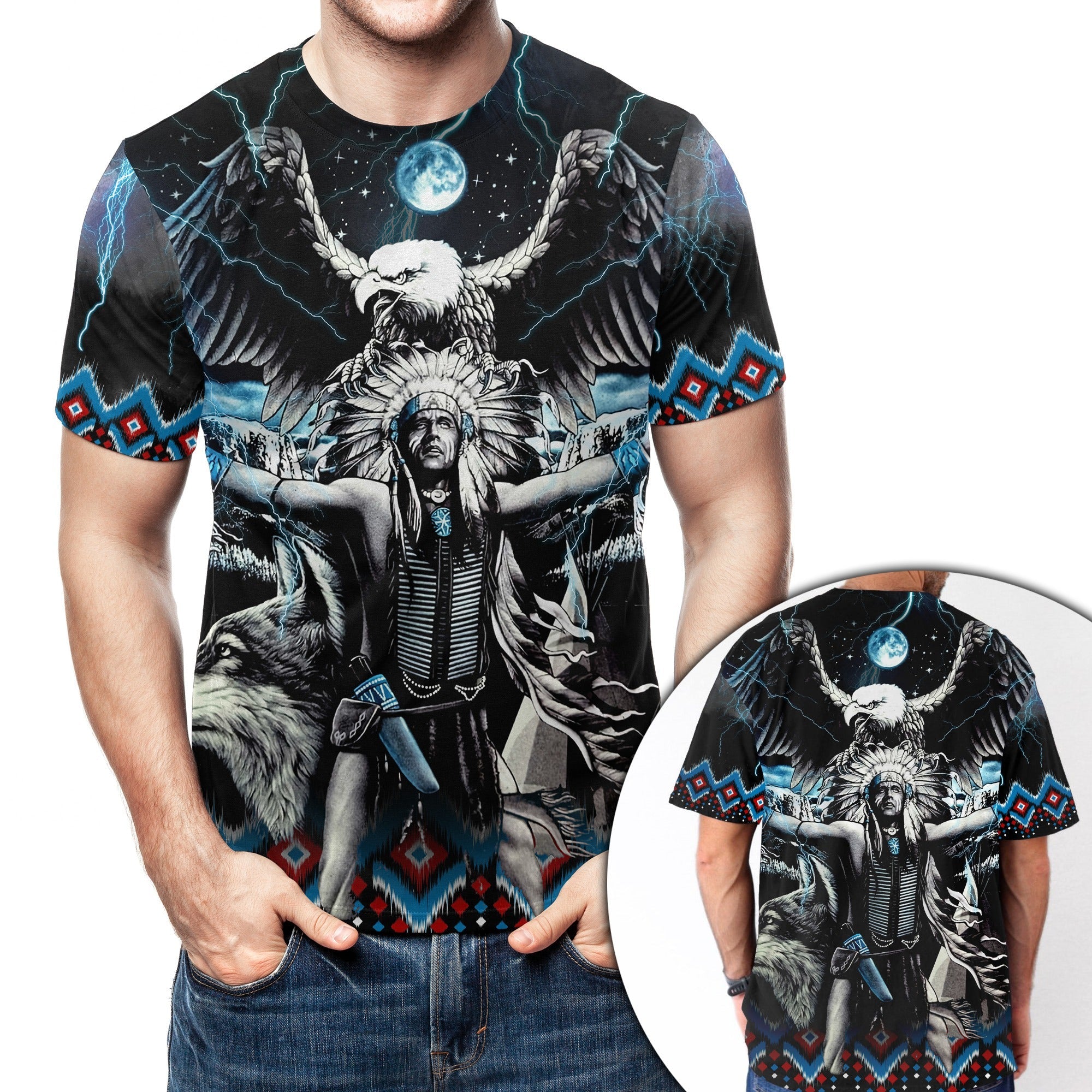 Native American Indian Chief Wolf And Eagle 3D All Over Print T-Shirt
