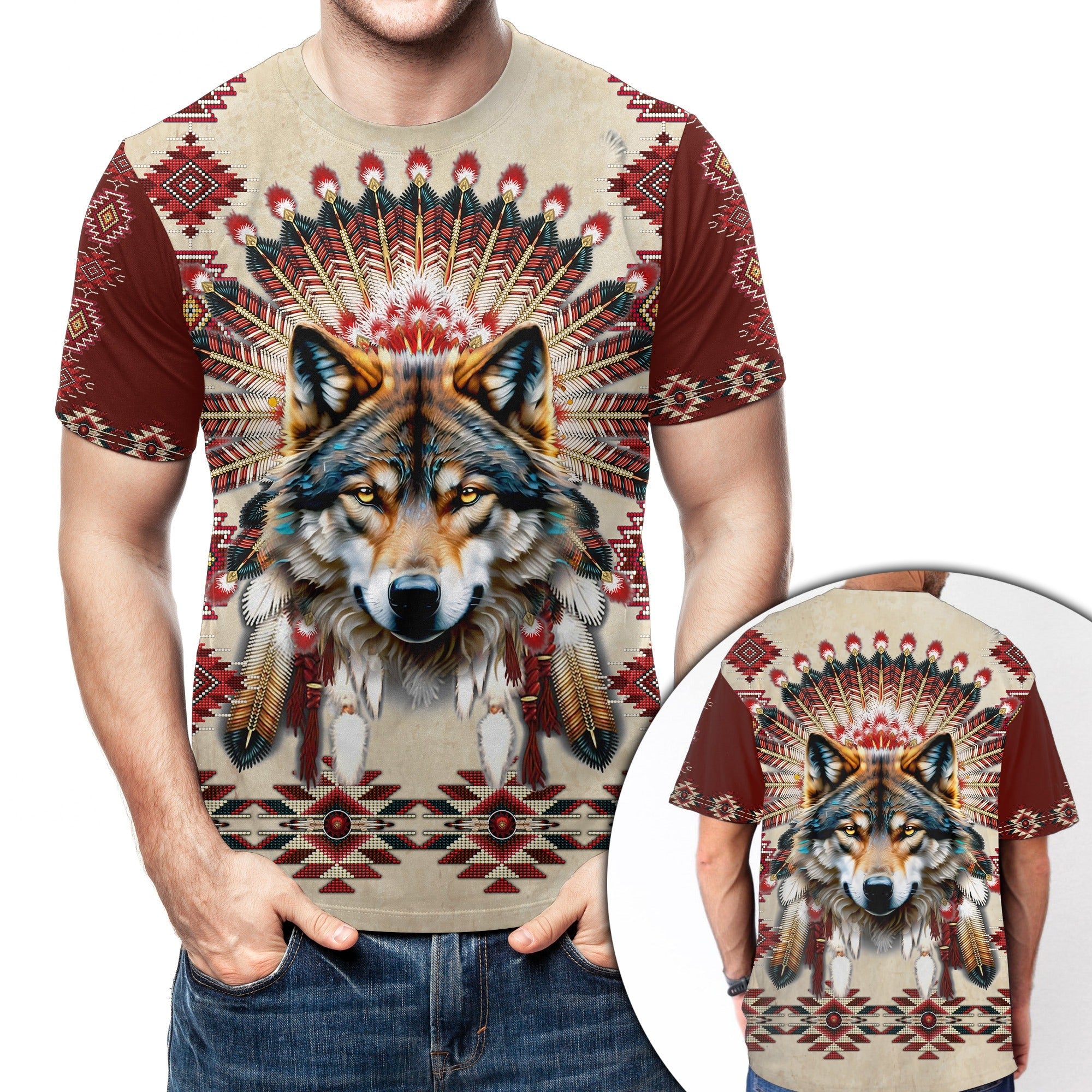 Native American Wolf With Dreamcatcher Headdress 3D All Over Print T-Shirt
