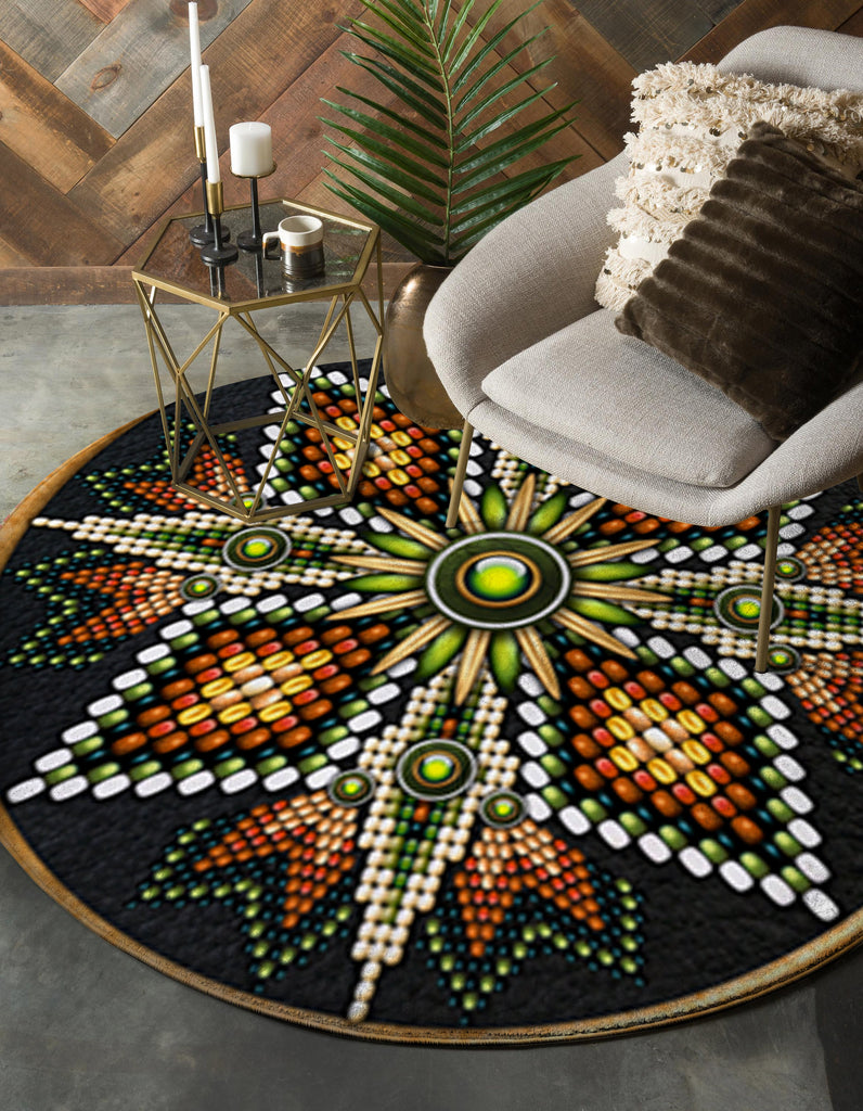 Naumaddic Arts Green &amp Orange Cross Rosette Native American Design Round Carpet