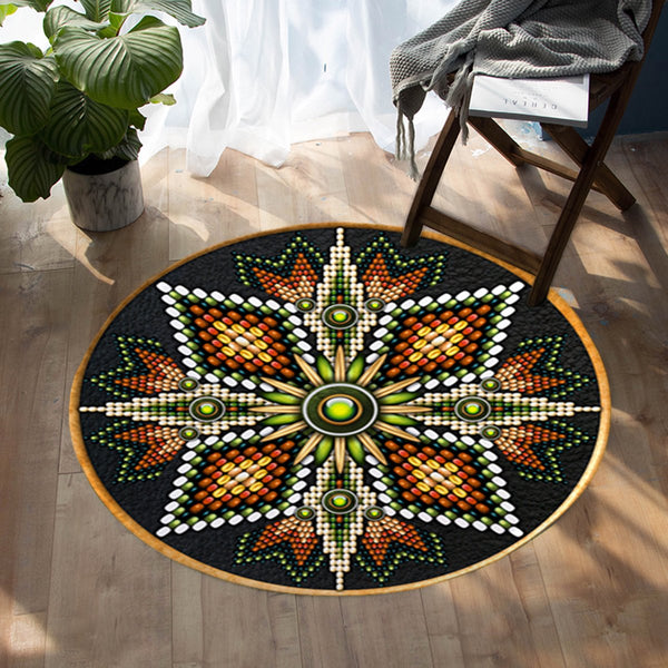 Naumaddic Arts Green &amp Orange Cross Rosette Native American Design Round Carpet