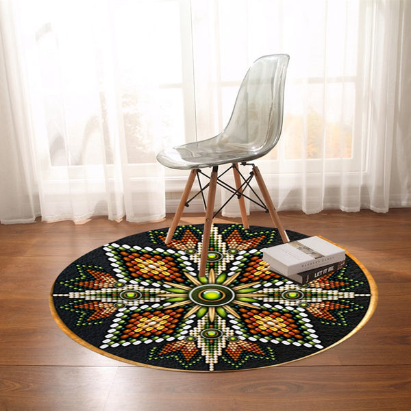 Naumaddic Arts Green &amp Orange Cross Rosette Native American Design Round Carpet
