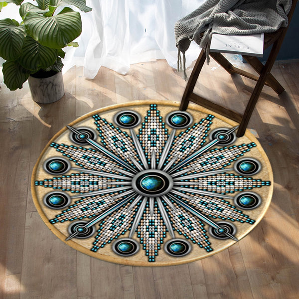 Naumaddic Arts White Native American Design Round Carpet