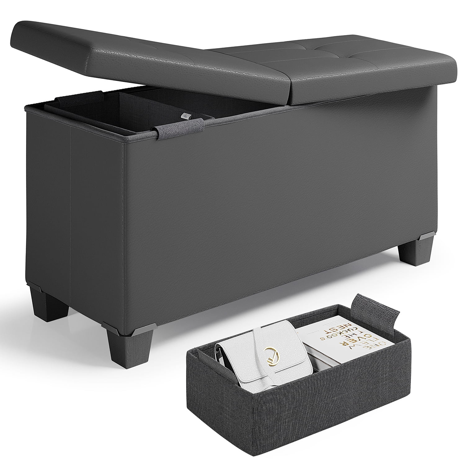 Nestl Faux Leather Ottoman Storage Bench ,30" Bench, Gray