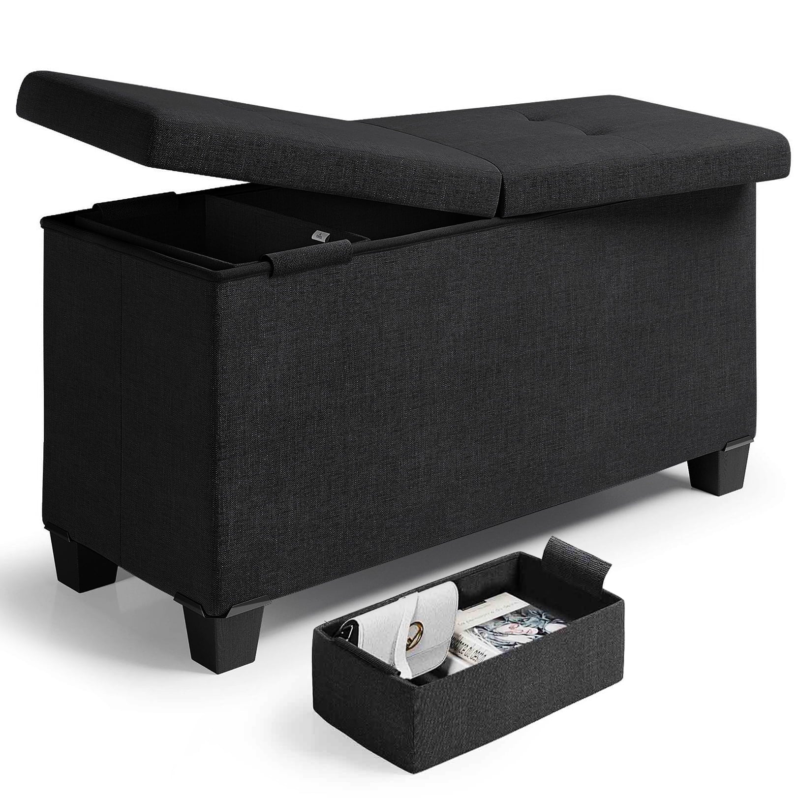 Nestl Linen Ottoman Storage Bench ,30" Bench, Black