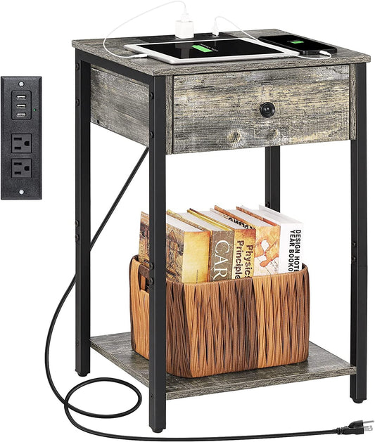 Oumilen Adult Nightstand End Table with Charging Station, USB Ports, Drawer and Storage Shelf, Gray