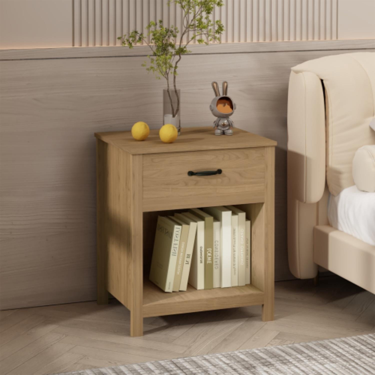 Nightstands, Bedside Tables, Wood Nightstand with One Drawer and Open Shelf, Modern Minimalist Design, Engineered Wood Construction, Compact Size for Bedroom Living Room Apartment, Brown