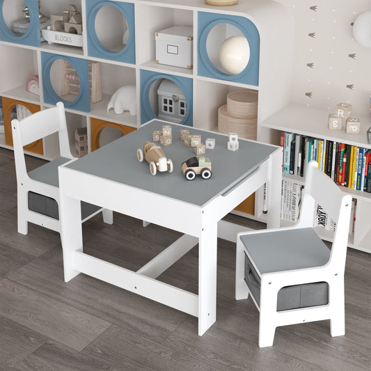 Noble House 3-in-1 Kids Wooden Activity Table and 2 Chairs Set, Reversible Blackboard Top with Storage Drawer, White
