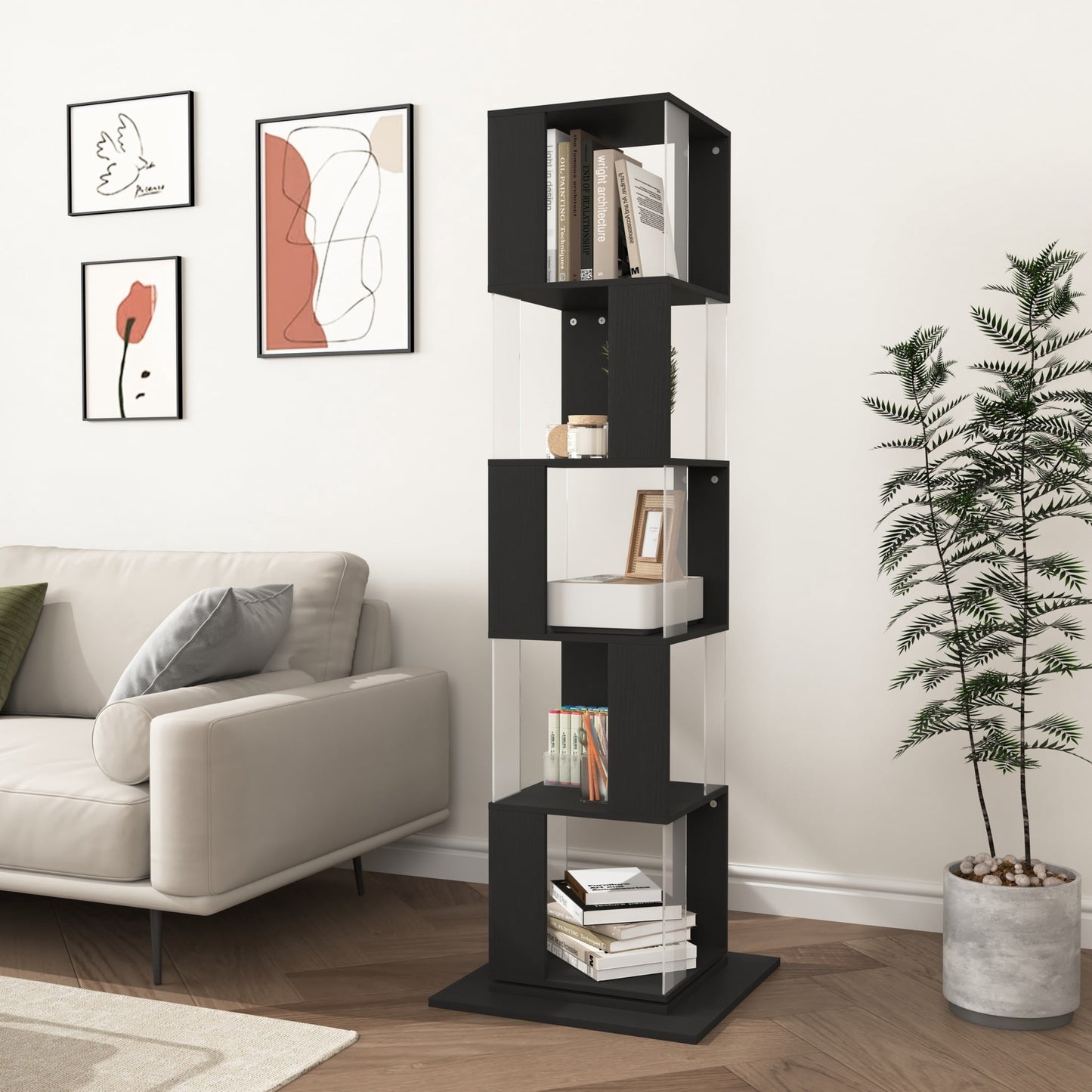 Noble House 5-Tier Rotating Bookshelf with Acrylic Panels, Anti-Toppling Base, Black