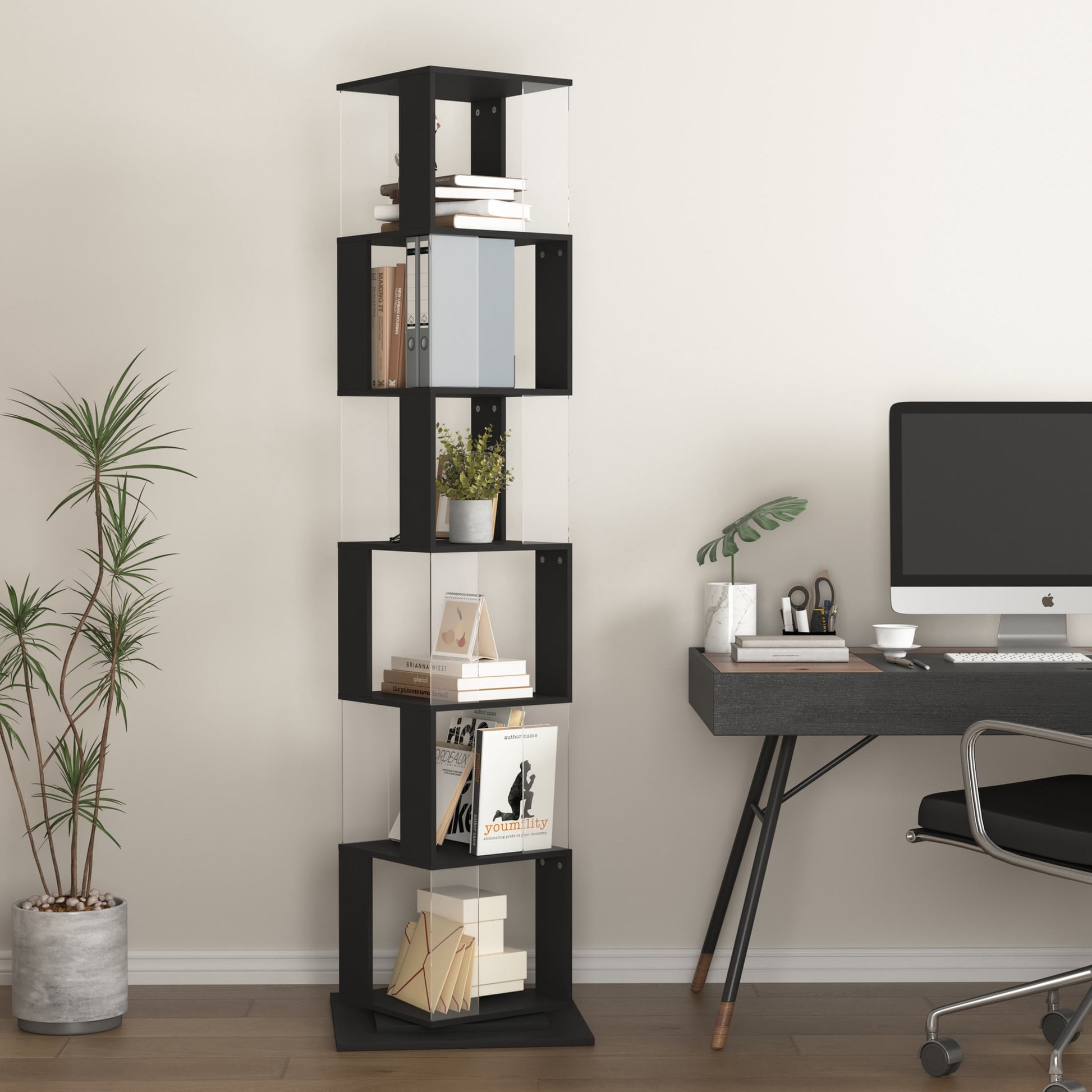 Noble House 6-Tier Rotating Bookshelf, Floor Standing Bookcase with Acrylic Panels, Black