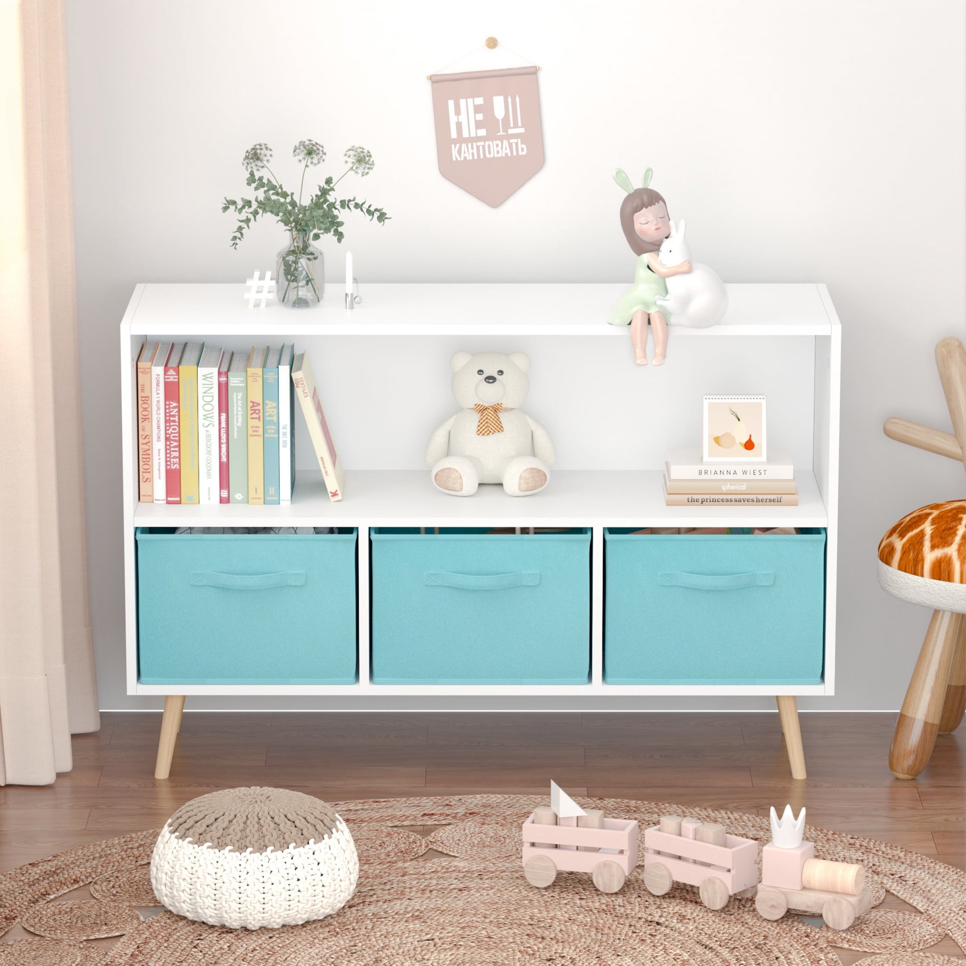 Noble House Kids Bookcase with Fabric Bins, Pine Toy Storage Organizer Shelf, Children's Book Display, White and Green