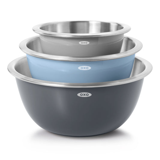 OXO SoftWorks Stainless Steel Insulated Mixing Bowls, Set of 3, Multicolor â€“ Non-Slip Base, Nesting Design