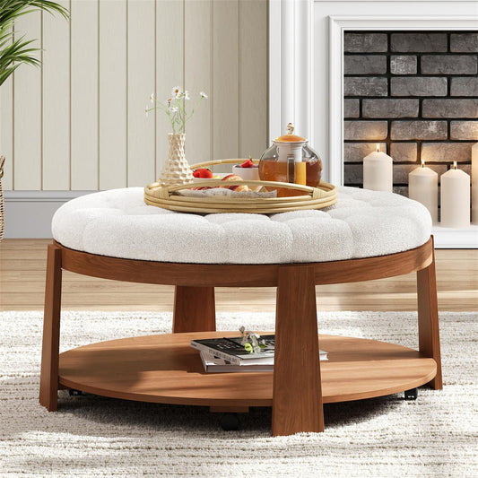 Ottoman Coffee Table, Large Round Button Tufted Ottoman With 2 Tier Wood Storage Shelf And Wheels, Waterproof Linen Fabric For Living Room, Ivory White