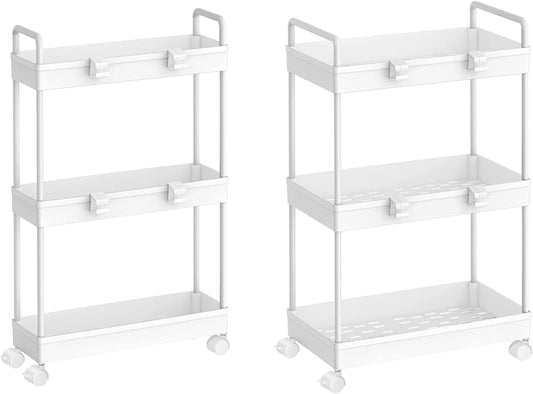 Oumilen 2 Pack 3 Tier Slim 15.4" Storage Kitchen Cart, Shelving Unit Rolling Rack with Wheels, White