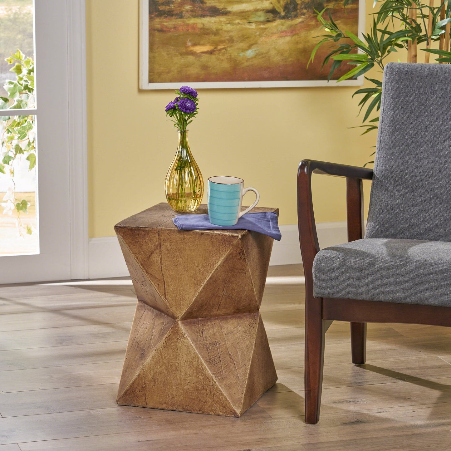 Outdoor Abstract Hourglass Side Table, Wood Look Concrete Accent Table for Patio Garden