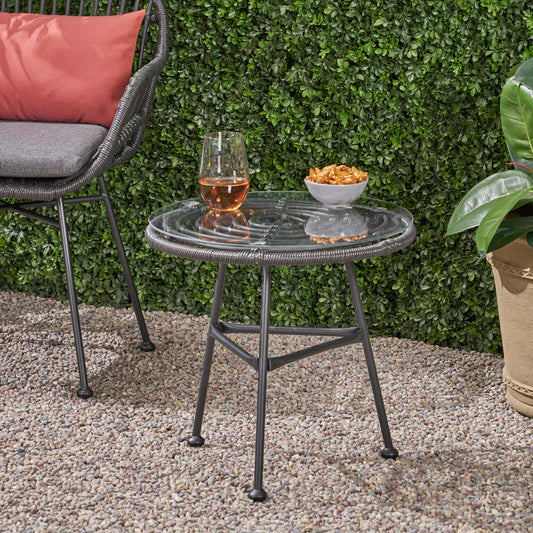 Outdoor Faux Rattan Side Table with Glass Top, Decor End Table for Patio Balcony, Gray