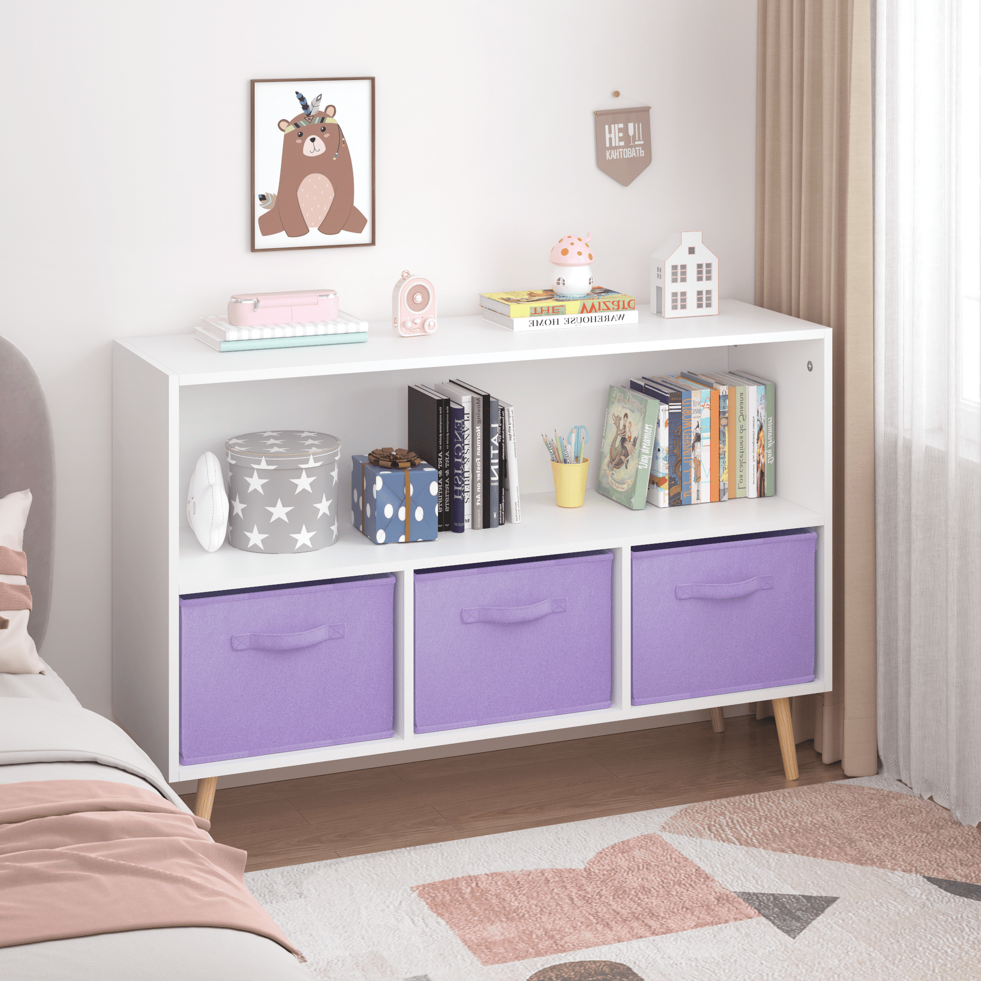 PORKISS Kids Bookshelf, Wood Kids Bookcase with 3 Collapsible Fabric Drawers, Freestanding Bookshelf for Kids, Modern Toy Storage Organizer for Kids Room, Living Room, Easy to Assembly, White/Purple