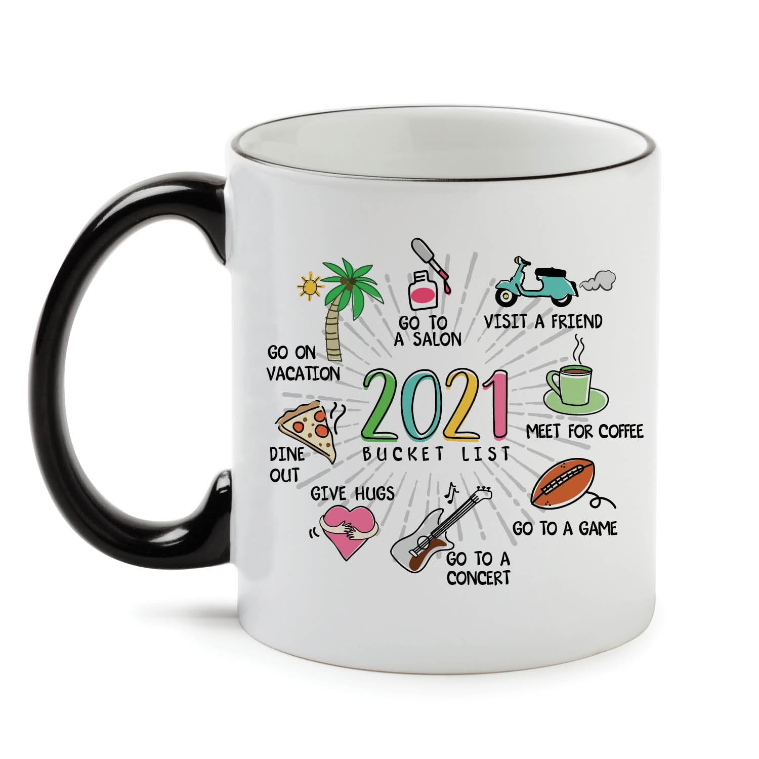 Personalized Planet 11oz 2021 Bucket List Coffee Mug with COVID Humor on White Ceramic Cup and Black Handle