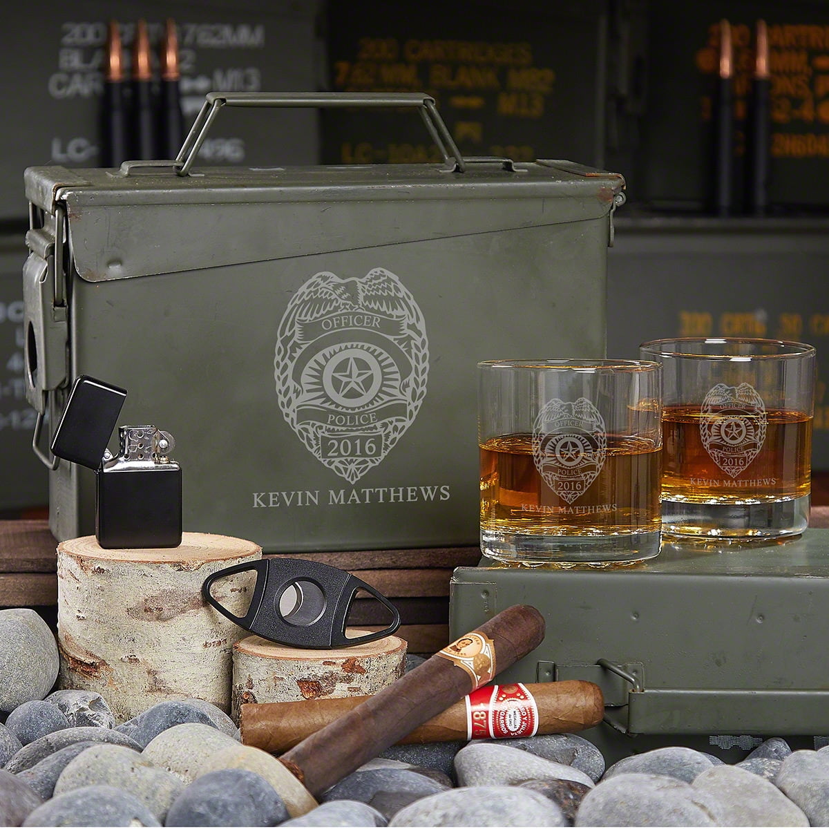 Police Badge All The Vices 30 Cal Ammo Can and Whiskey Glasses Gift Set