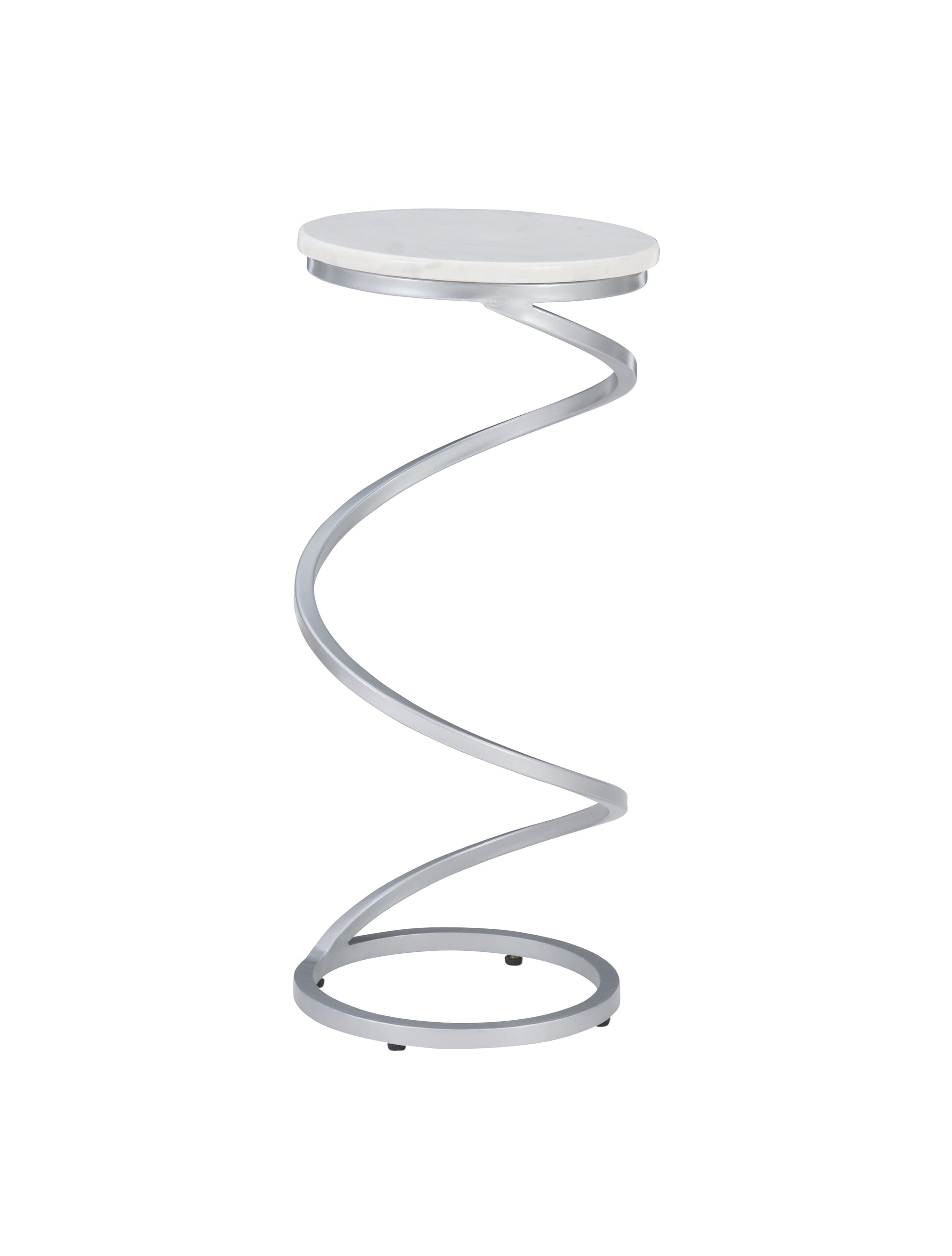 Powell Nevin Modern Round Spiral Base Drink Table, 23.75" Tall, Silver/White Marble