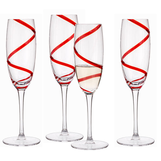 Holiday Time Red Swirl Champange Flute 4pack