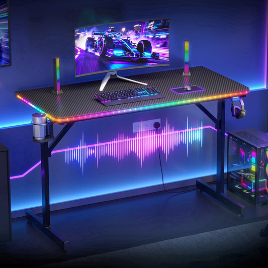 RSPGAME Music Sync Gaming Desk, LED Gamer Table, T-Shape PC Computer Desk with RGB Lighting for Home Office, Carbon Fiber Black