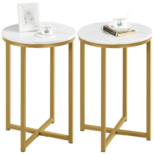 Renwick Modern Faux Marble Top Round Side Table Set, 2 Piece, White