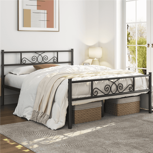 Renwick Cama Plataforma Moderna de Metal con Arabesco para Adulto, Negra, Full