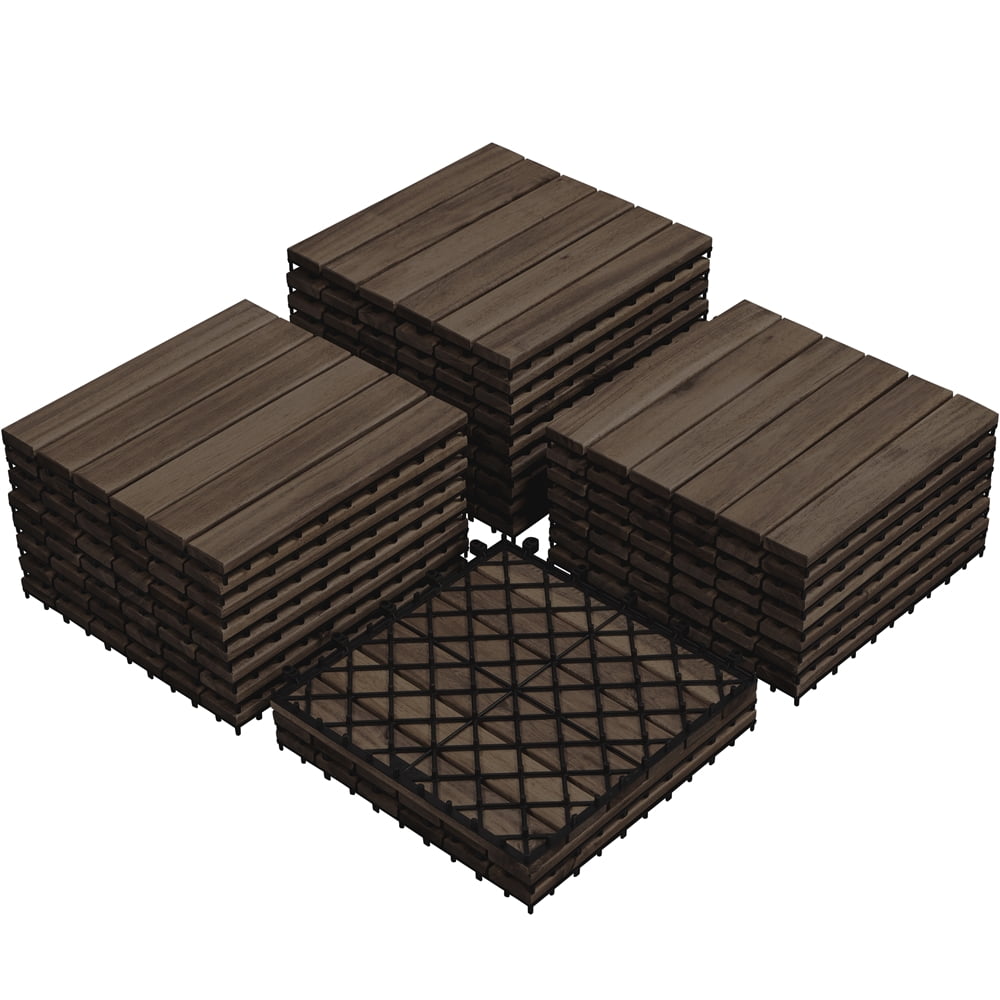 Renwick 12 Ã— 12 in Pack of 27 Acacia Wood Interlocking Flooring Tiles for Outdoor & Indoor, Black