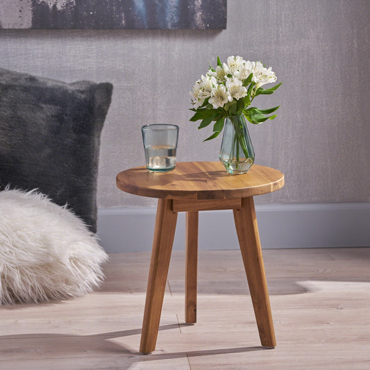 Round Acacia Wood Side Table, Modâ€‘Inspired Handcrafted End Table with 3 Angled Legs, Playful Accent Table for Living Room Bedroom Home Decor