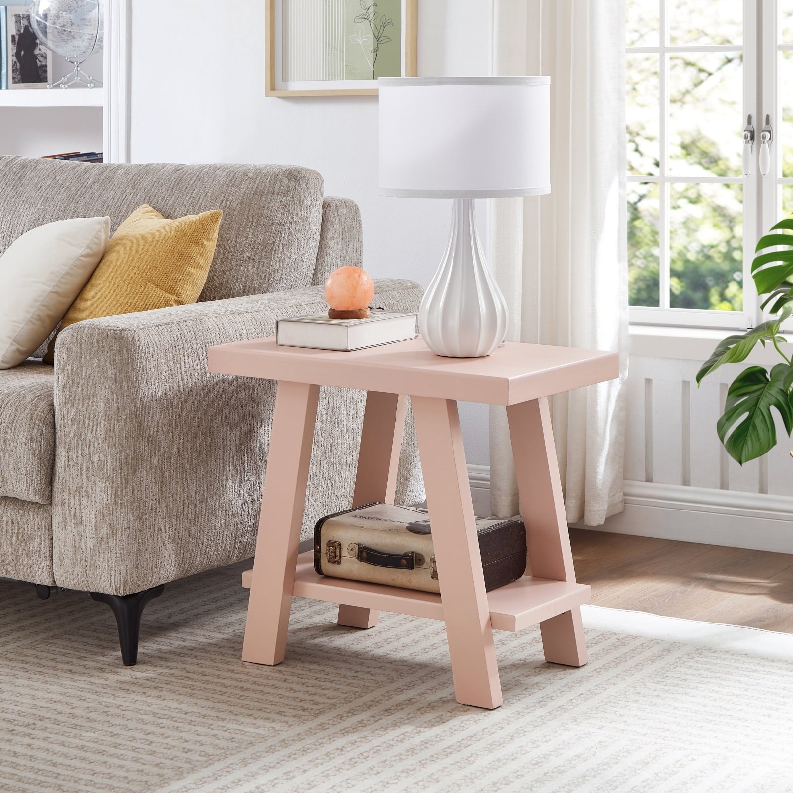 Roundhill Furniture Athens Contemporary Wood Shelf Side Table in Pink