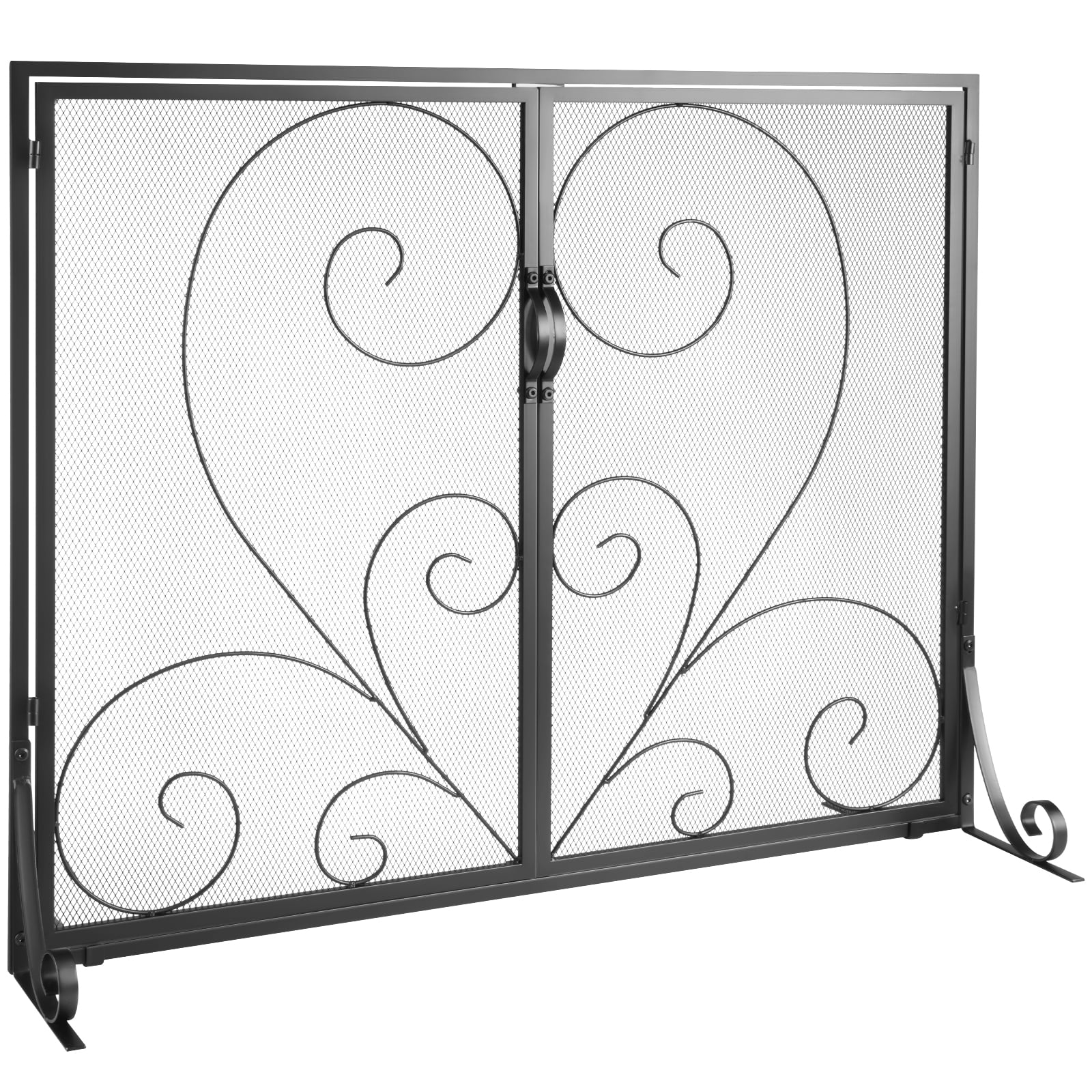 KFFKFF 39"x31.6" Fireplace Screen 2-Panel Iron Mesh Spark Guard Vintage Black