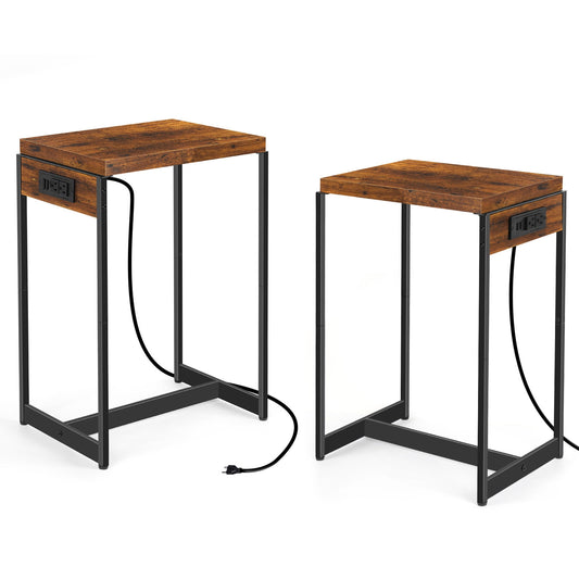 Oumilen Adult Modern Nightstands Narrow Side Table End Table with USB Ports and Outlets, Rustic Brown, Set of 2