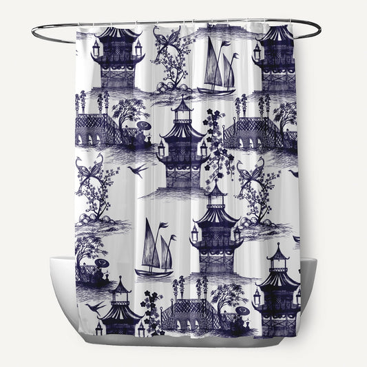 Simply Daisy 70" W x 73" L China Old Polyester Shower Curtain, Navy [1 Ct]