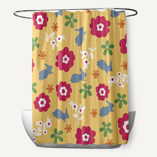 Simply Daisy 70" W x 73" L Flowery Love with Bunnies Polyester Shower Curtain, Daffodil Yellow-Blue [1 Ct]