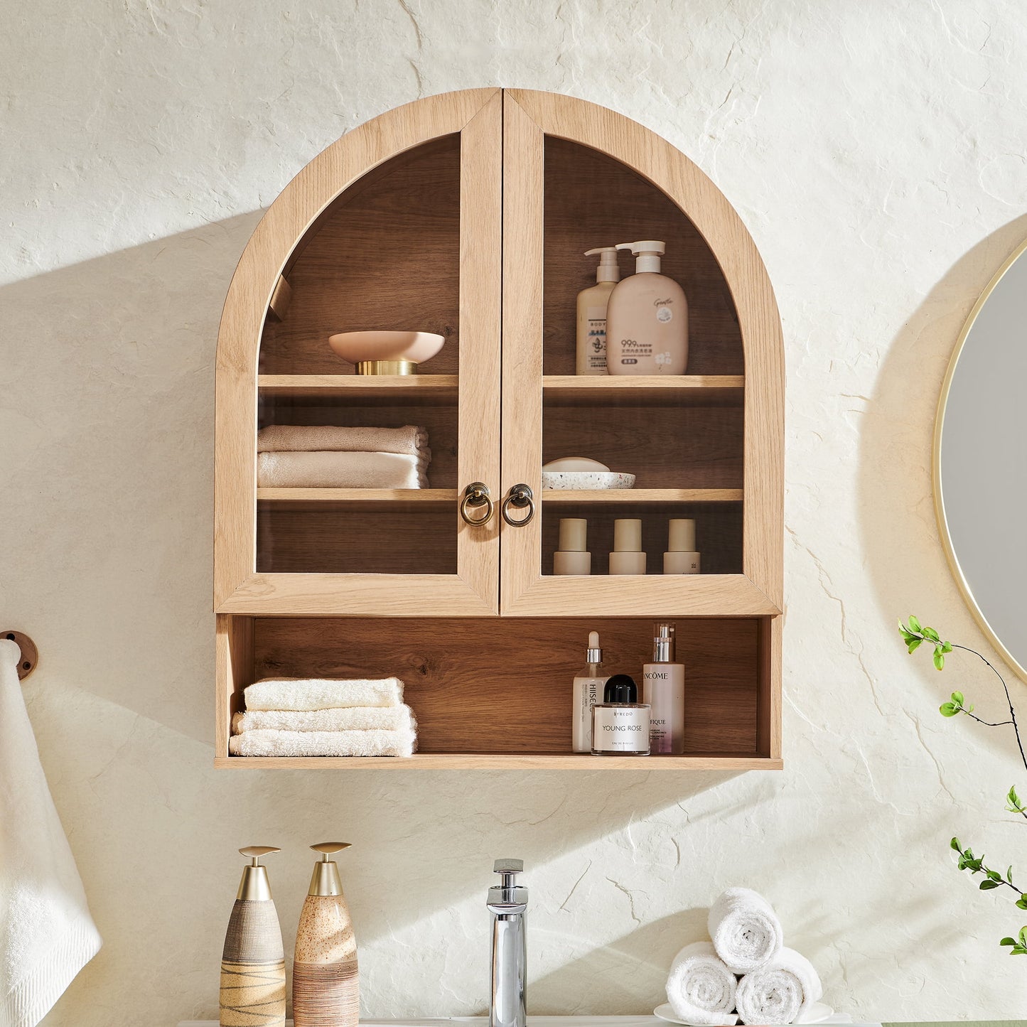 SinCiDo Bathroom Medicine Cabinet with Doors, Arched Wall Mounted Cabinet w/ Adjustable Shelves and Open Shelf, over The Toilet Storage Cabinet