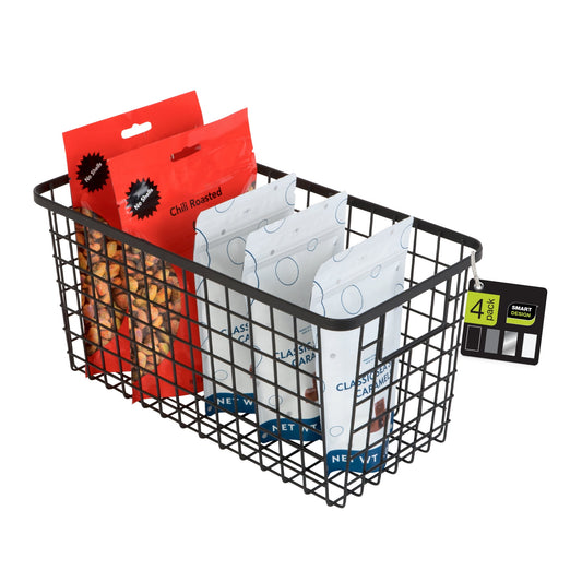 Smart Design Nestable Basket Organizer with Handles - 6 x 12 x 6 inch - Black - Set of 4