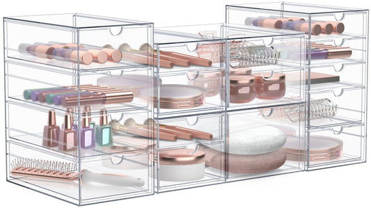 Sorbus 4-Piece Acrylic Makeup Organizer, 16 Drawer Stackable Storage Bins, Clear