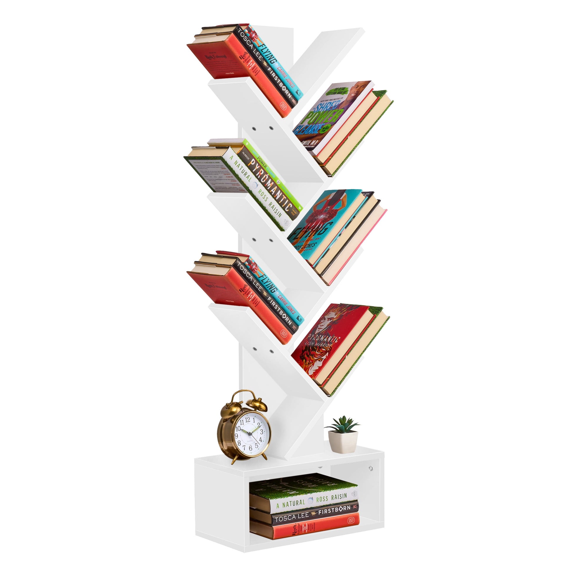 Sorbus 7-Tier Zigzag Bookcase with Drawer, Space-Saving Organizer, White