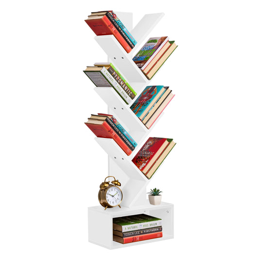 Sorbus 7-Tier Zigzag Bookcase with Drawer, Space-Saving Organizer, White